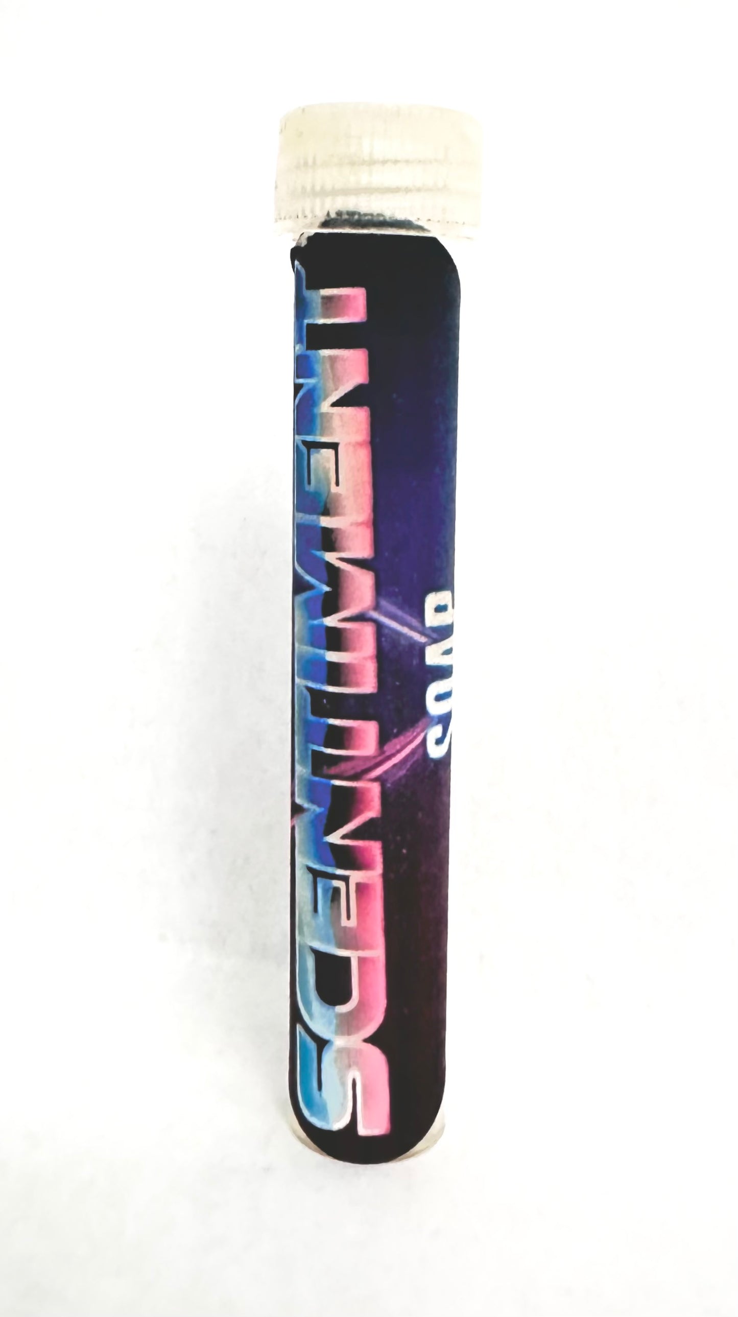 A cylindrical bottle of Lavender Black Pepper Rosemary Beard Oil with a colorful label featuring pink and blue hues and the scent names listed on it.