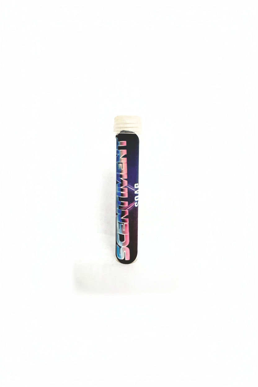 A cylindrical bottle of Lavender Black Pepper Rosemary Beard Oil with a colorful label featuring pink and blue hues and the scent names listed on it.