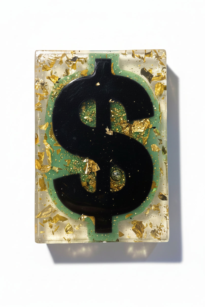 A square resin tile featuring a black infinity symbol over a green background, embedded with gold foil flakes on a light gray surface.
